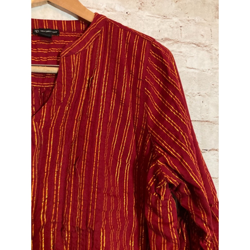 New Directions Babydoll Top Womens Large Maroon & Gold Glitter Striped Popover - Picture 6 of 13